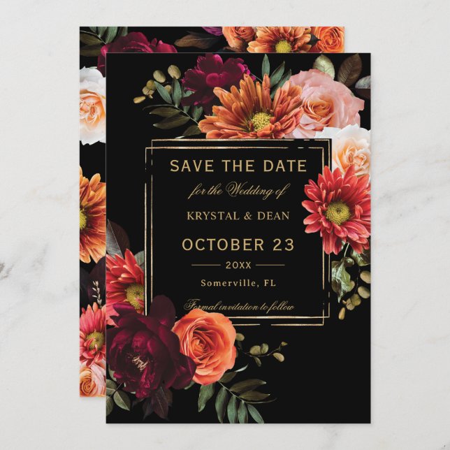 Save The Date Mariage Fleurie Burgundy Noir Humeur Sombre Orange (Devant / Derrière)