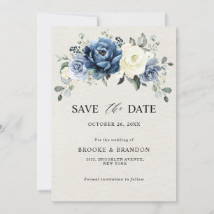 Save The Date Mariage Fleurie Champagne Ivoire Bleu Poussiéreux 