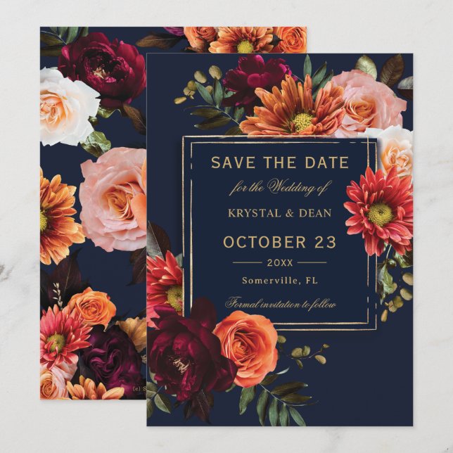 Save The Date Mariage Fleurie Navy Orange Bourguignon Sombre (Devant / Derrière)