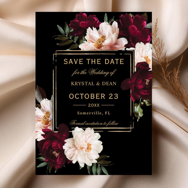 Save The Date Mariage Fleurie Noir et Burgundy foncé (dark moody blush burgundy peonies floral flowers black gold wedding save the date printed cards file)