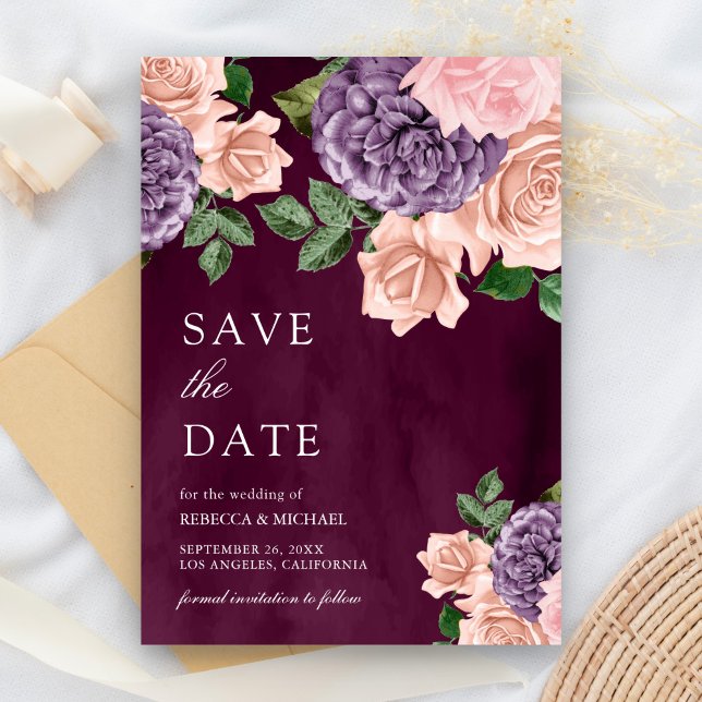 Save The Date Mariage Fleurie Pourpre Pêche Poussiéreuse Prune (Créateur téléchargé)