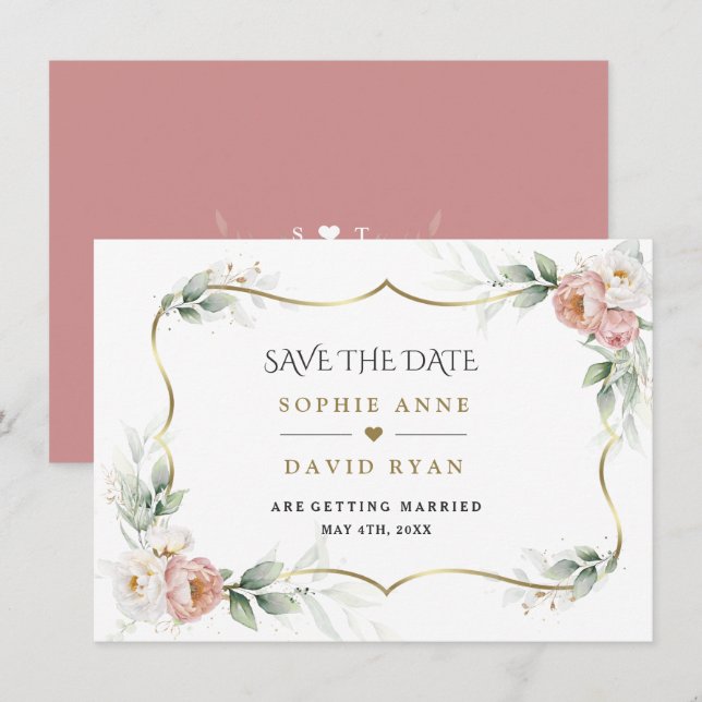 Save The Date Mariage Fleurie Rose Poussiéreuse Blanche et Végét (Devant / Derrière)