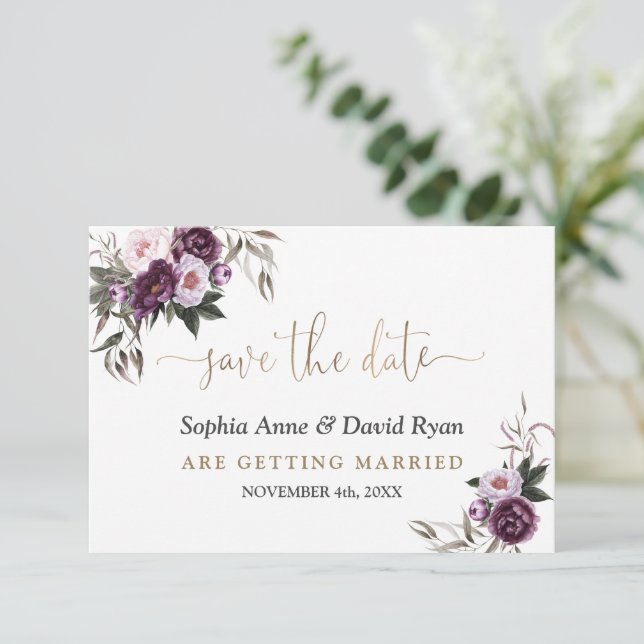 Save The Date Mariage Fleurie Rose Violet Aquarelle   (Debout devant)