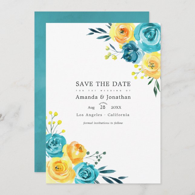 Save The Date Mariage Fleuris Aquarelle Turquoise et Jaune (Devant / Derrière)