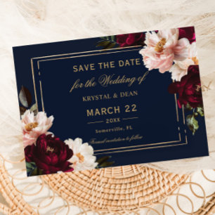 Save The Date Mariage Fleuris Bleu Marine Burgundy Blush Sombre 