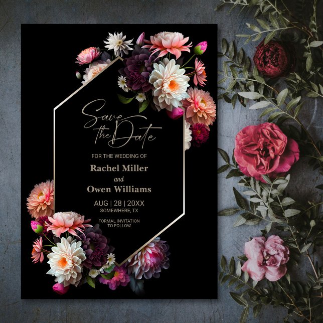 Save The Date Mariage Fleuris Noir Moderne à Sauvegarder la Date (Créateur téléchargé)