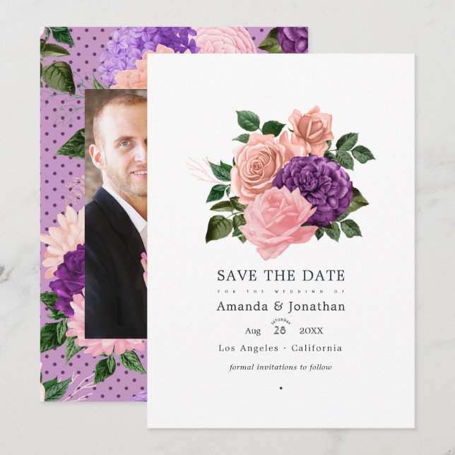 Save The Date Mariage Fleuris Rose Pêche et Lavande Violet (Devant / Derrière)