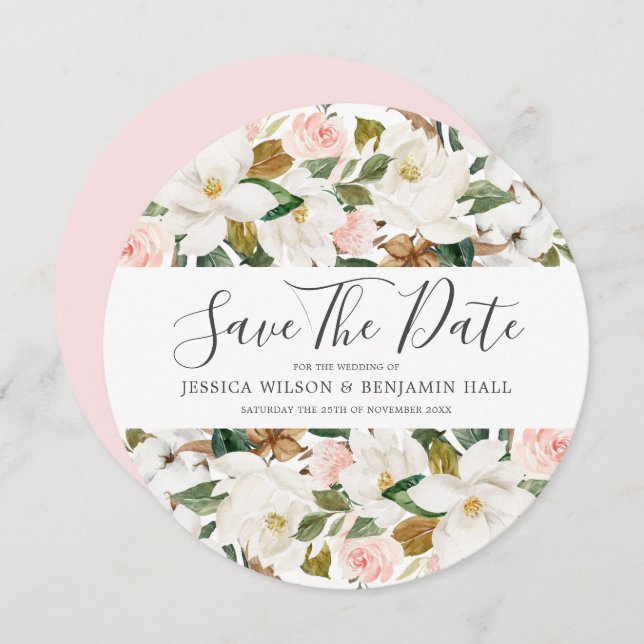 Save The Date Mariage Fleurs Aquarelle Rose Et Blanche Élégantes (Devant / Derrière)