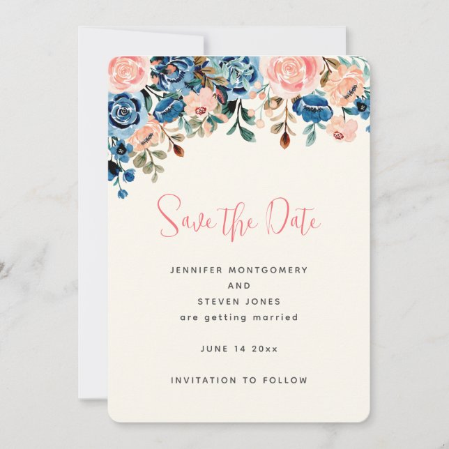 Save The Date Mariage Fleurs Aquarelle Rose et Bleu (Devant)