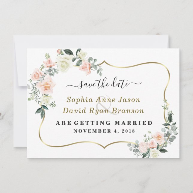Save The Date Mariage Fleurs Blanches Rougeur Calligraphie (Devant)