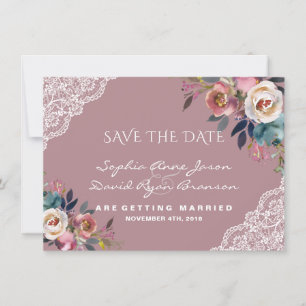 Save The Date Mariage Fleurs Bleu Poussiéreux Rose Poussiéreuse