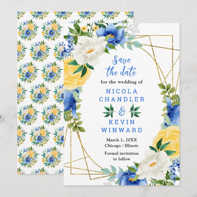 Save The Date Mariage Fleurs Bleues et Jaunes (Devant / Derrière)