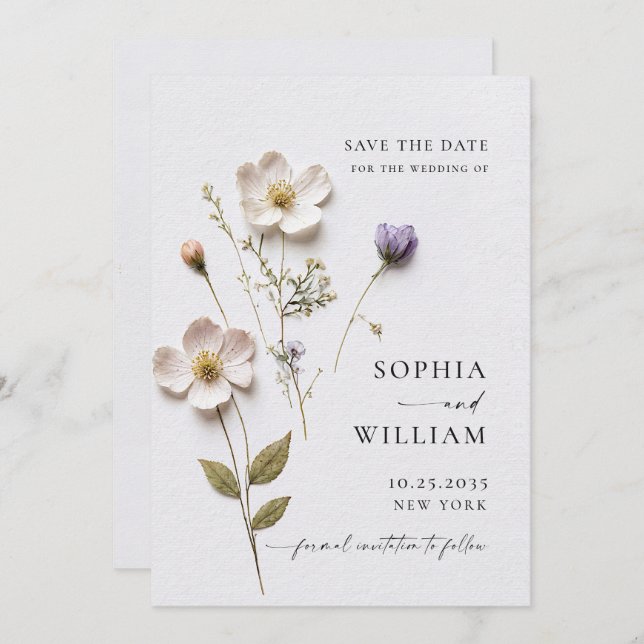 Save The Date Mariage Fleurs Boho Pastel Imprimé Élégant Pressé (Devant / Derrière)