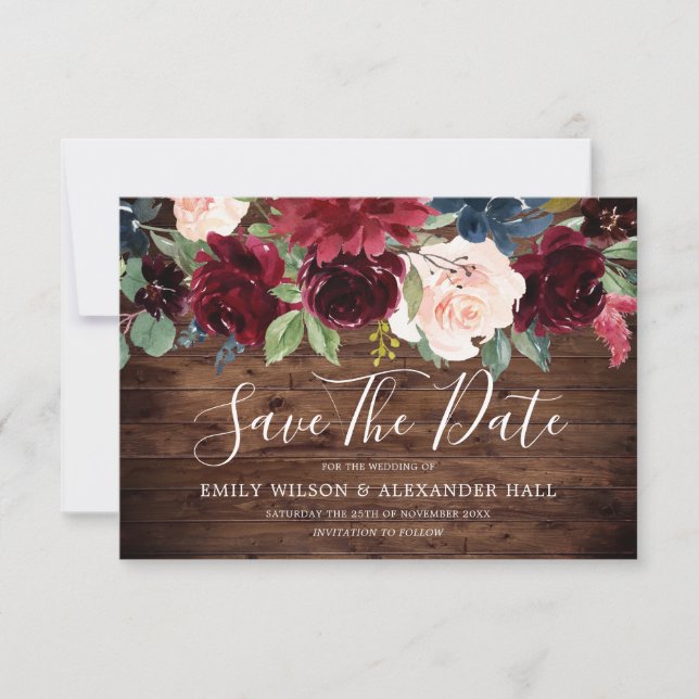 Save The Date Mariage Fleurs de Bourgogne Vin Rouge Bois Rustiqu (Devant)