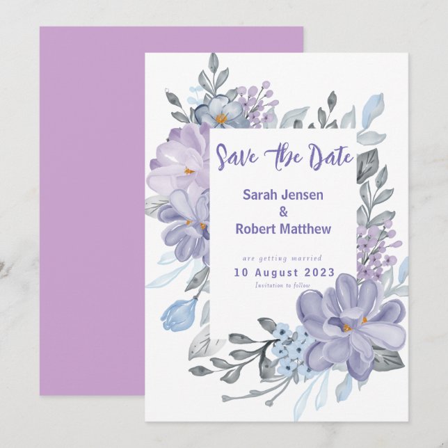 Save The Date Mariage Fleurs de Lilas Aquarelle Violettes  (Devant / Derrière)