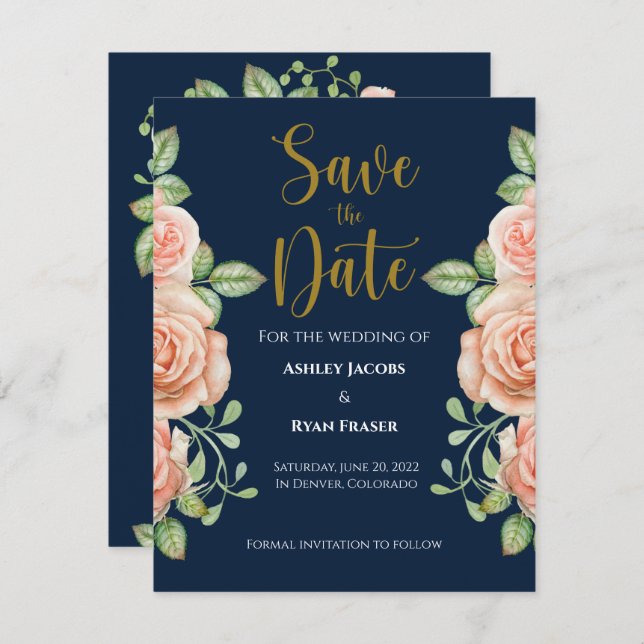 Save The Date Mariage Fleurs de mariage bleu marine or rose Save (Devant / Derrière)
