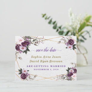 Save The Date Mariage Fleurs de Pivoine Rose Violet Doré