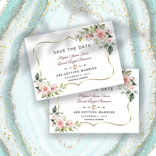 Save The Date Mariage Fleurs de Teint Rose Charm Cadre Doré (Créateur téléchargé)