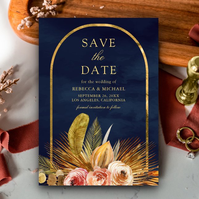 Save The Date Mariage Fleurs de Terre Arc Doré Bleu Marine (Créateur téléchargé)