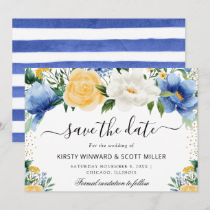 Save The Date Mariage Fleurs d'Été Bleues et Jaunes