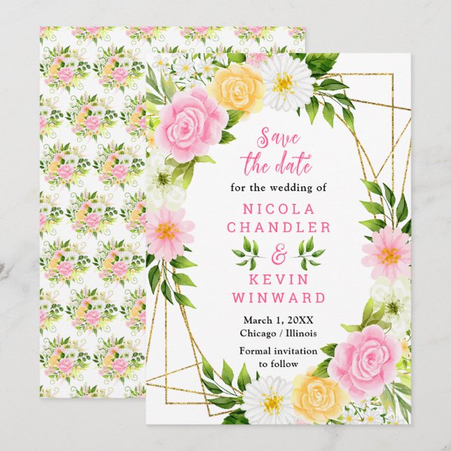 Save The Date Mariage Fleurs et Feuillage Rose et Jaune d'Été (Devant / Derrière)
