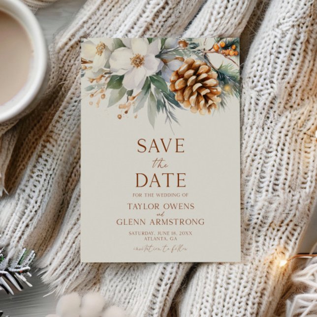 Save The Date Mariage Fleurs Florales d'Hiver Pin Cône (Créateur téléchargé)