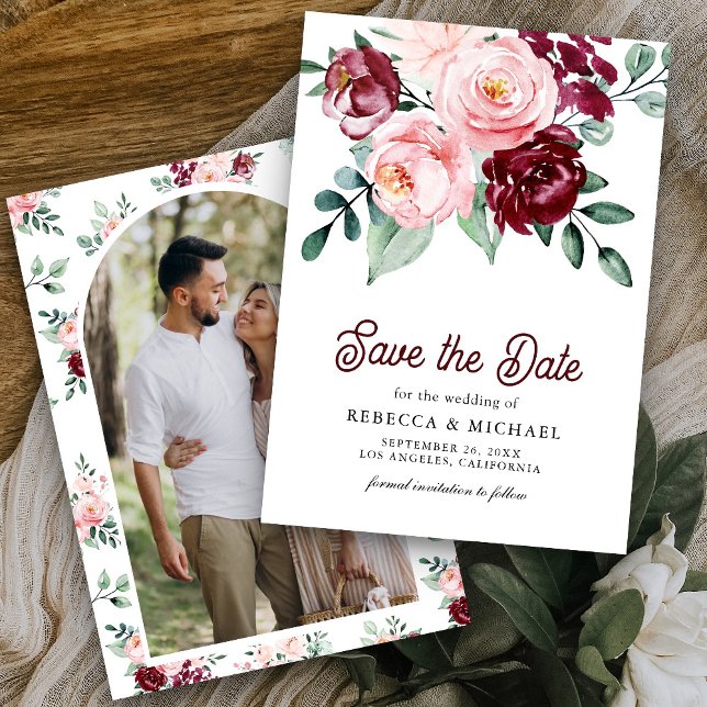 Save The Date Mariage Fleurs Photo Bourgogne Rose (Créateur téléchargé)
