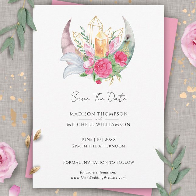 Save The Date Mariage Fleurs Roses Cristaux Lune Boho  (Créateur téléchargé)