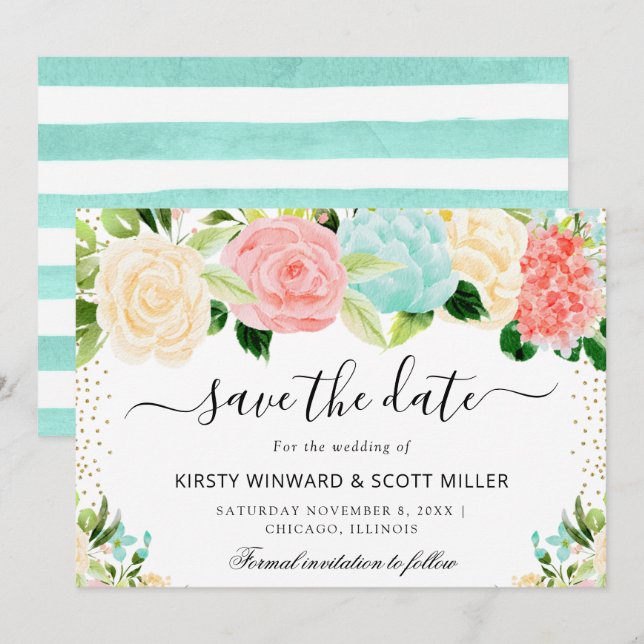 Save The Date Mariage Fleurs Roses et Menthe d'Été (Devant / Derrière)