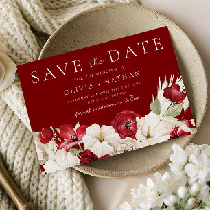 Save The Date Mariage Fleurs Rouges & Blanches Romantiques