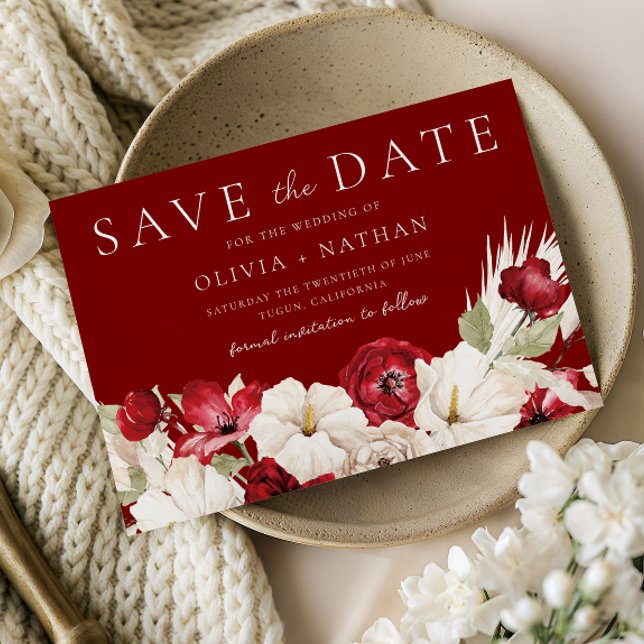 Save The Date Mariage Fleurs Rouges & Blanches Romantiques  (Créateur téléchargé)