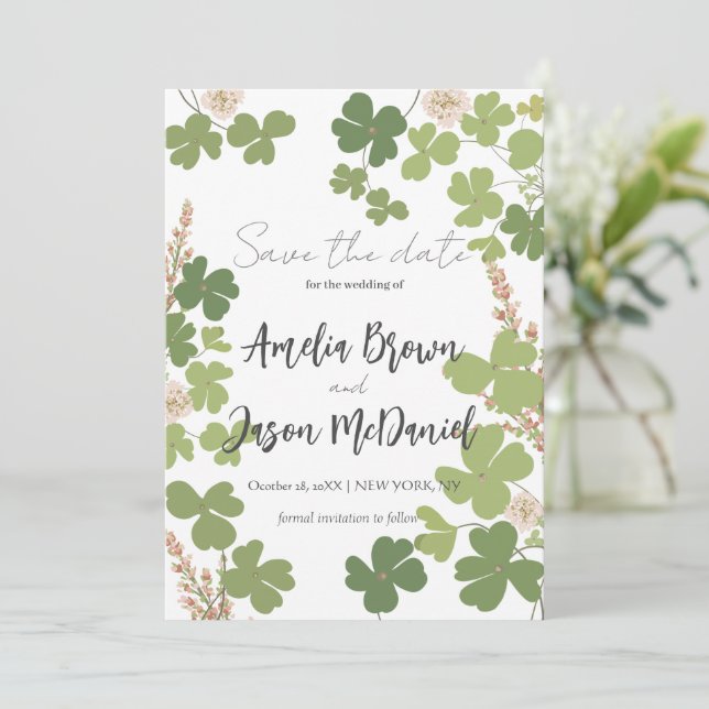Save The Date Mariage Fleurs Sauvages de Printemps Trèfle Vert S (Debout devant)