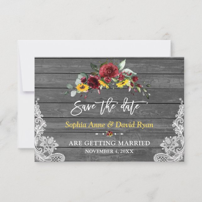 Save The Date Mariage Fleurs Tournesols Bois Gris Dentelle de Bo (Devant)