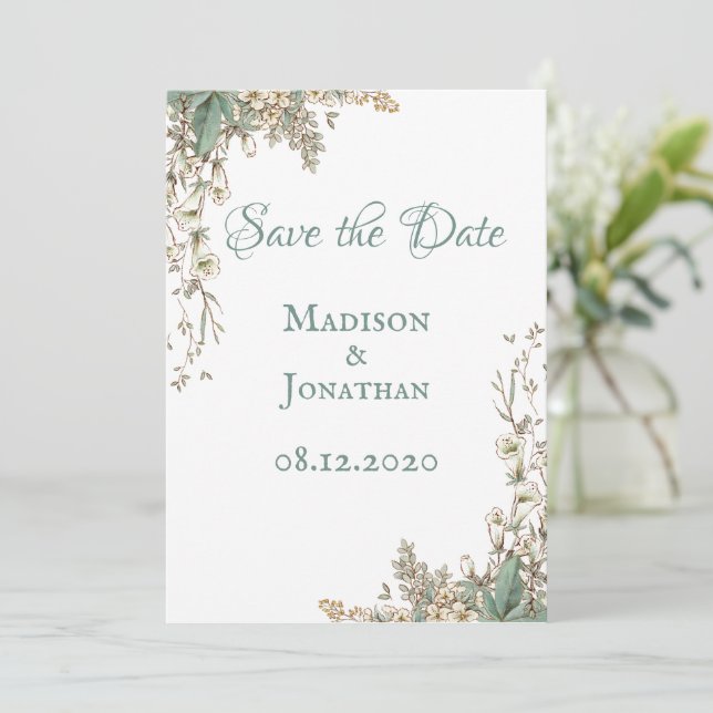 Save The Date Mariage floral à la végétation élégante (Debout devant)