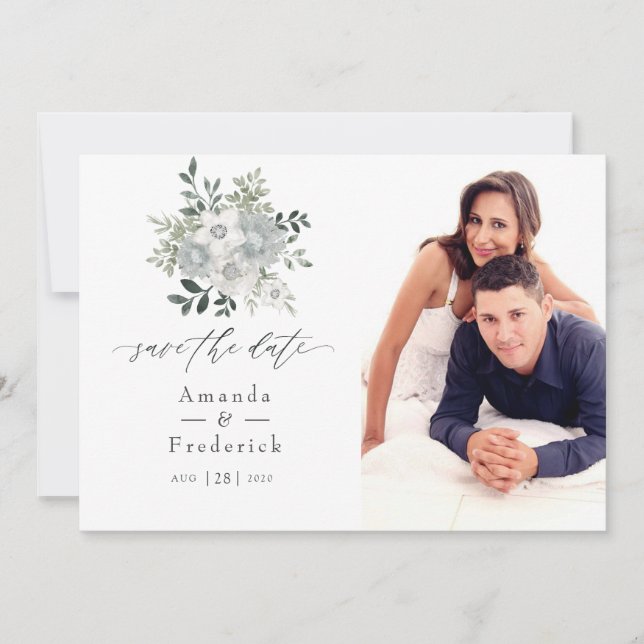 Save The Date Mariage floral à l'aquarelle argent sage (Devant)