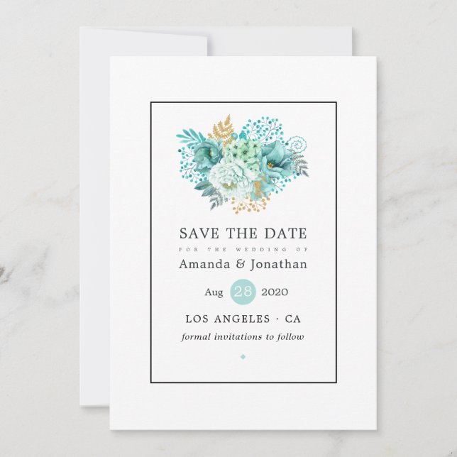 Save The Date Mariage floral à l'aquarelle de la menthe (Devant)