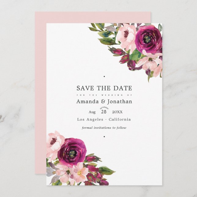 Save The Date Mariage floral à l'aquarelle Marsala et rose tendr (Devant / Derrière)