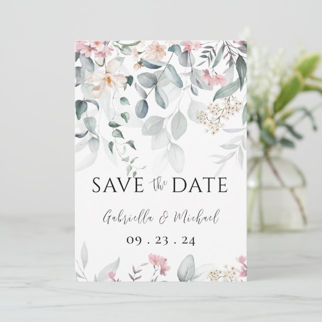 Save The Date Mariage Floral à l'Aquarelle Rose et Feuillage (Debout devant)