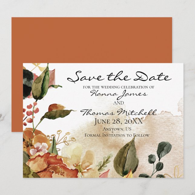 Save The Date Mariage Floral Aquarelle Automnale Horizontal (Devant / Derrière)
