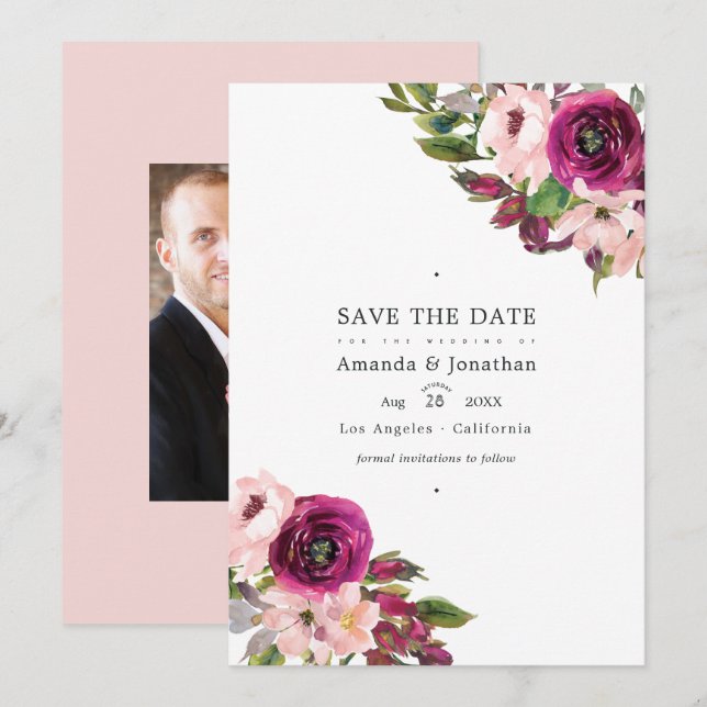 Save The Date Mariage floral aquarelle Marsala et rose blush (Devant / Derrière)