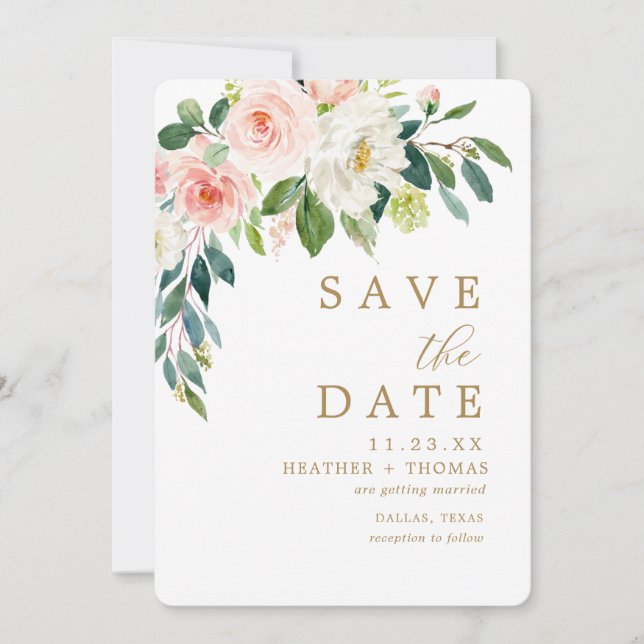 Save The Date Mariage Floral Aquarelle Or et Rose Élégant (Devant)
