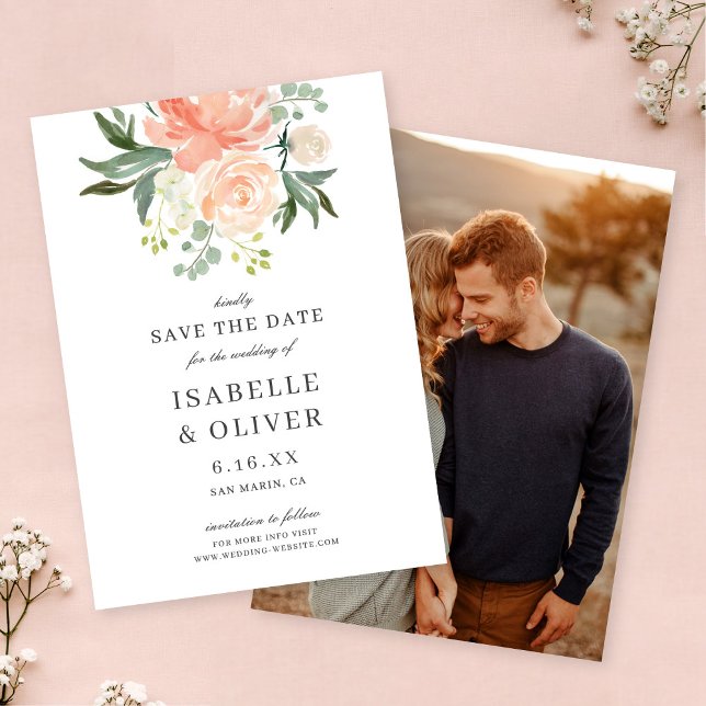Save The Date Mariage Floral Aquarelle Pêche Douce (Créateur téléchargé)