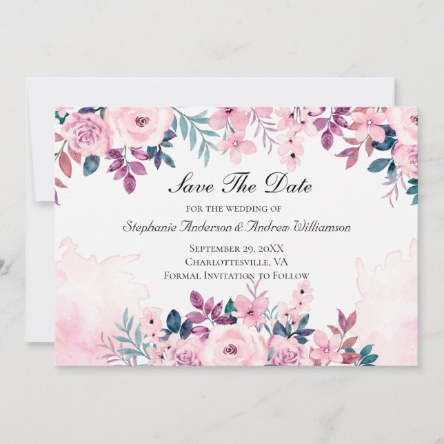 Save The Date Mariage Floral Aquarelle Rose Violet Vert  (Devant)