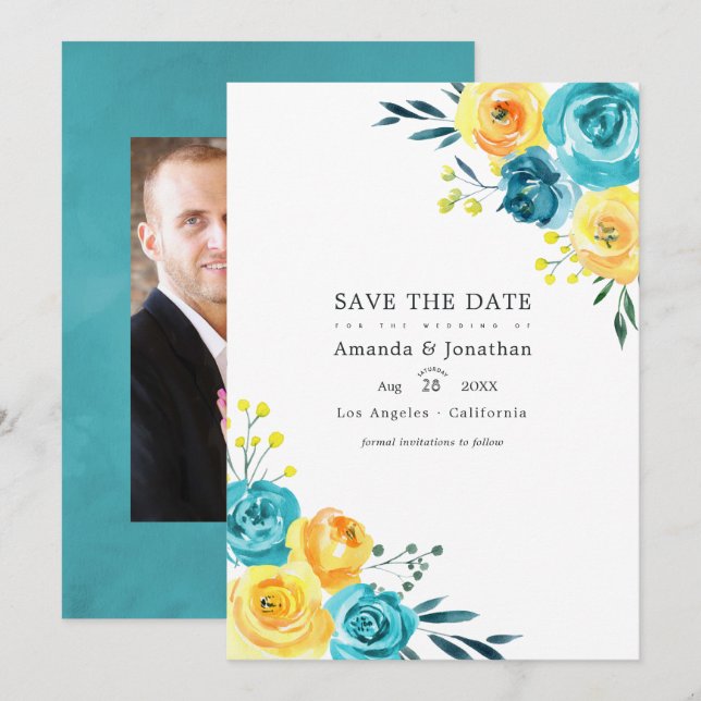 Save The Date Mariage Floral Aquarelle Turquoise et Jaune (Devant / Derrière)