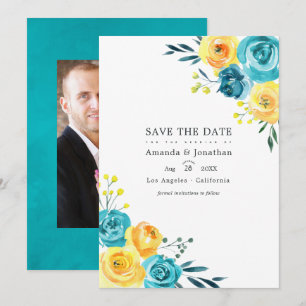 Save The Date Mariage Floral Aquarelle Turquoise et Jaune