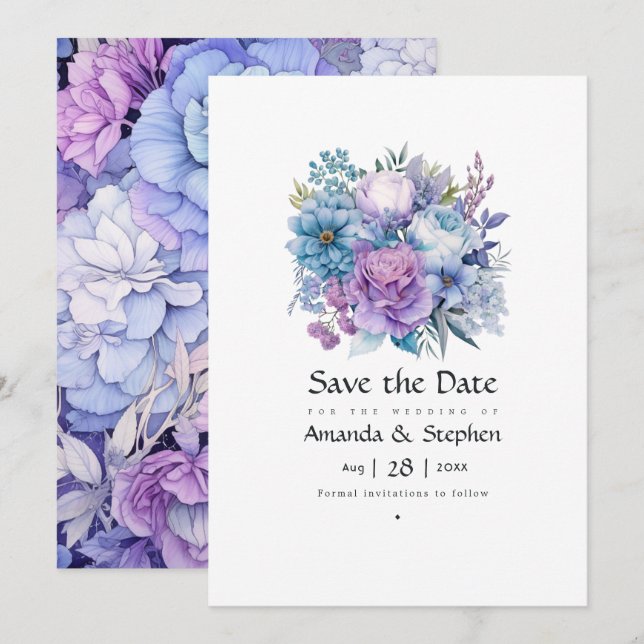 Save The Date Mariage floral argent, bleu glacé et lilas (Devant / Derrière)