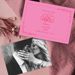 Save The Date Mariage Floral Art Linéaire Rose + Rouge