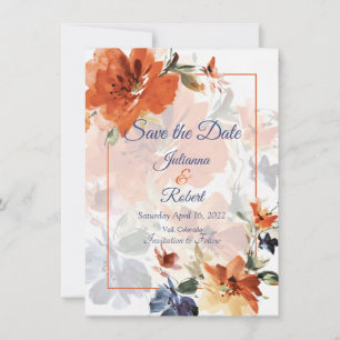 Save The Date Mariage floral automnal à l'aquarelle orange et bl