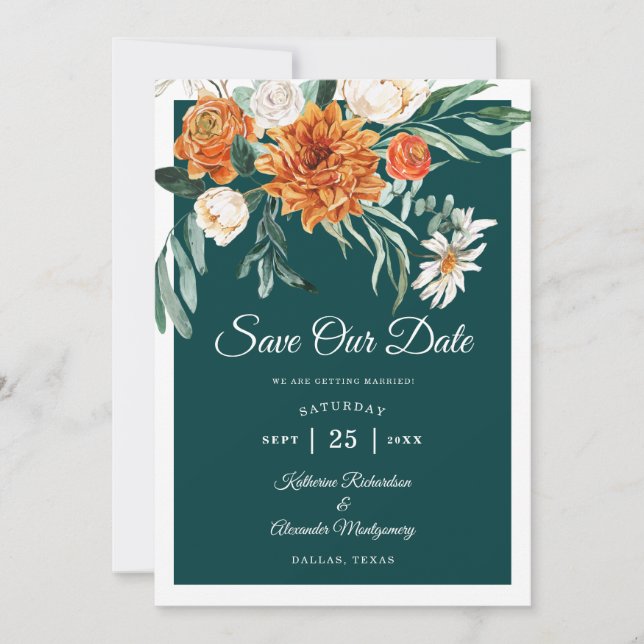 Save The Date Mariage Floral Automnal Élégant Orange Brûlé Sarce (Devant)