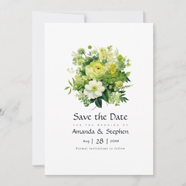 Save The Date Mariage Floral aux Teintes de Vert (Devant)